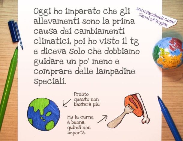 L'impatto ambientale degli allevamenti, dal punto di vista di un bambino (illustrazione di Skool of Vegan)